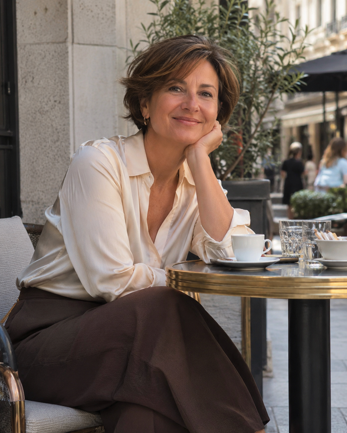 Clienta de Halvenmoda en una terraza con blusa de seda y falda marrón