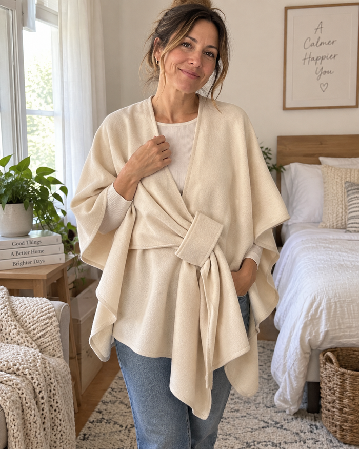 Clienta con el poncho Lía en crema