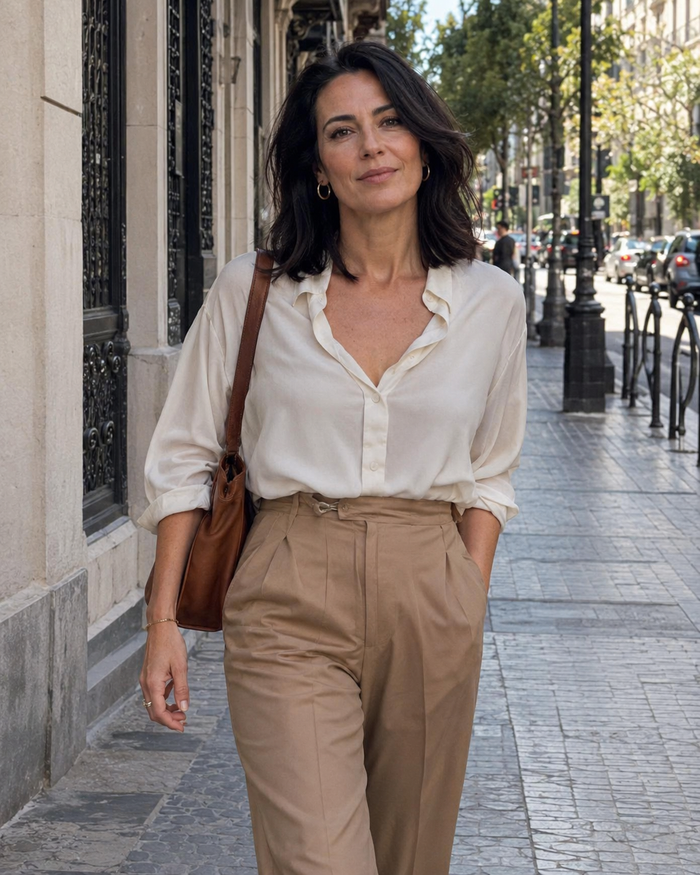 Clienta de Halvenmoda paseando por la calle con blusa crema y pantalón camel